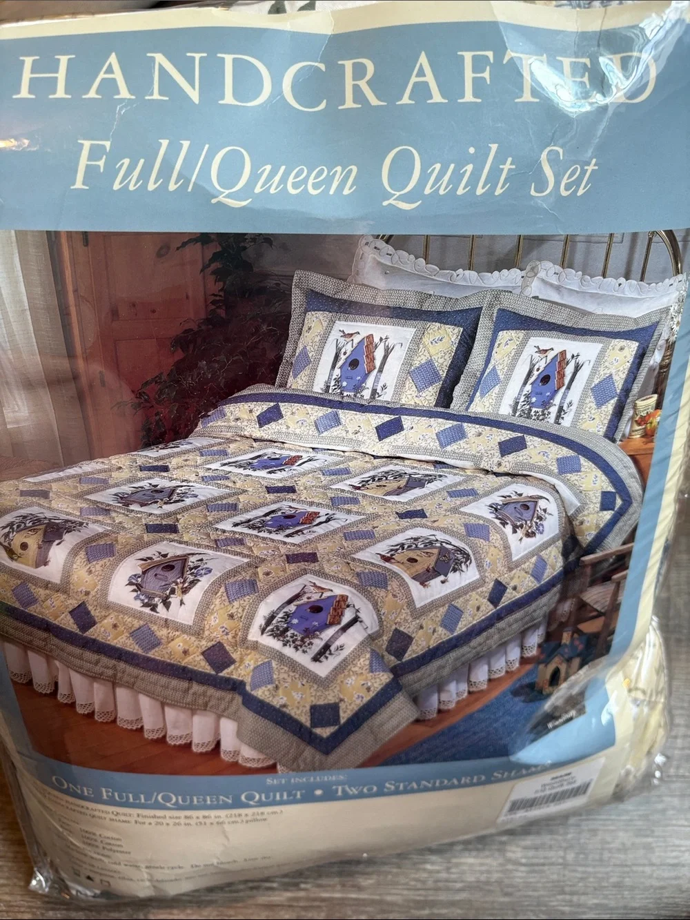 Vintage Sears Hand Crafted Patchwork Birdhouse Quilt Set Full/Queen NEW